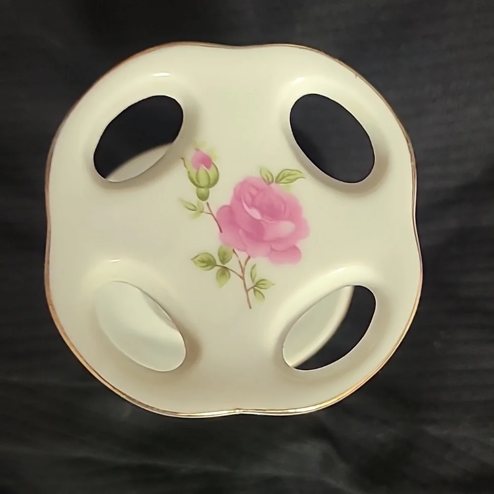 Vintage Floral Porcelain Vanity Toothbrush Holder Pink Blue Rose Motif